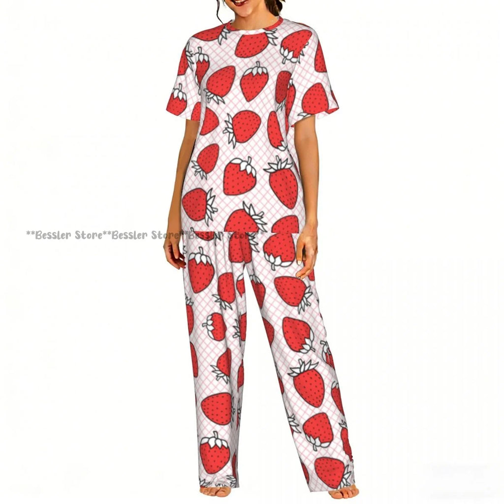 Women's Pajamas Set Strawberry Illustration Short Sleeve Sleepwear 2 Piece Homewear Loungewear