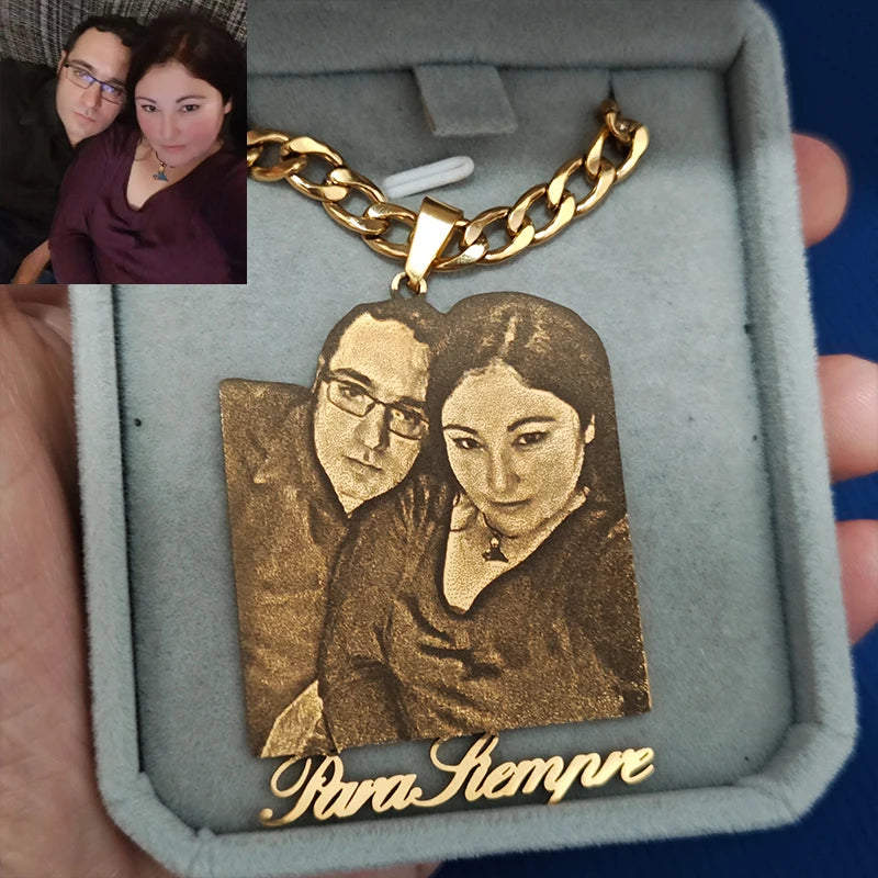 Custom Couple Necklace Cuban Chain Personalized Stainless Steel Laser Engraved Photo Nameplate Pendant Necklace Anniversary Gift