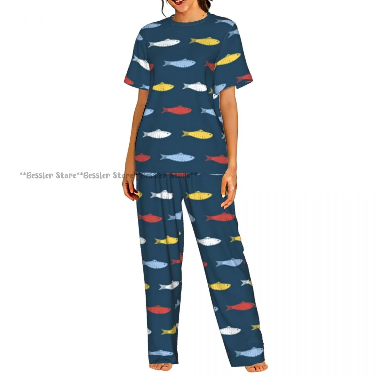 Women's Colorful Fish Pattern short sleeve trousers casual pajamas set