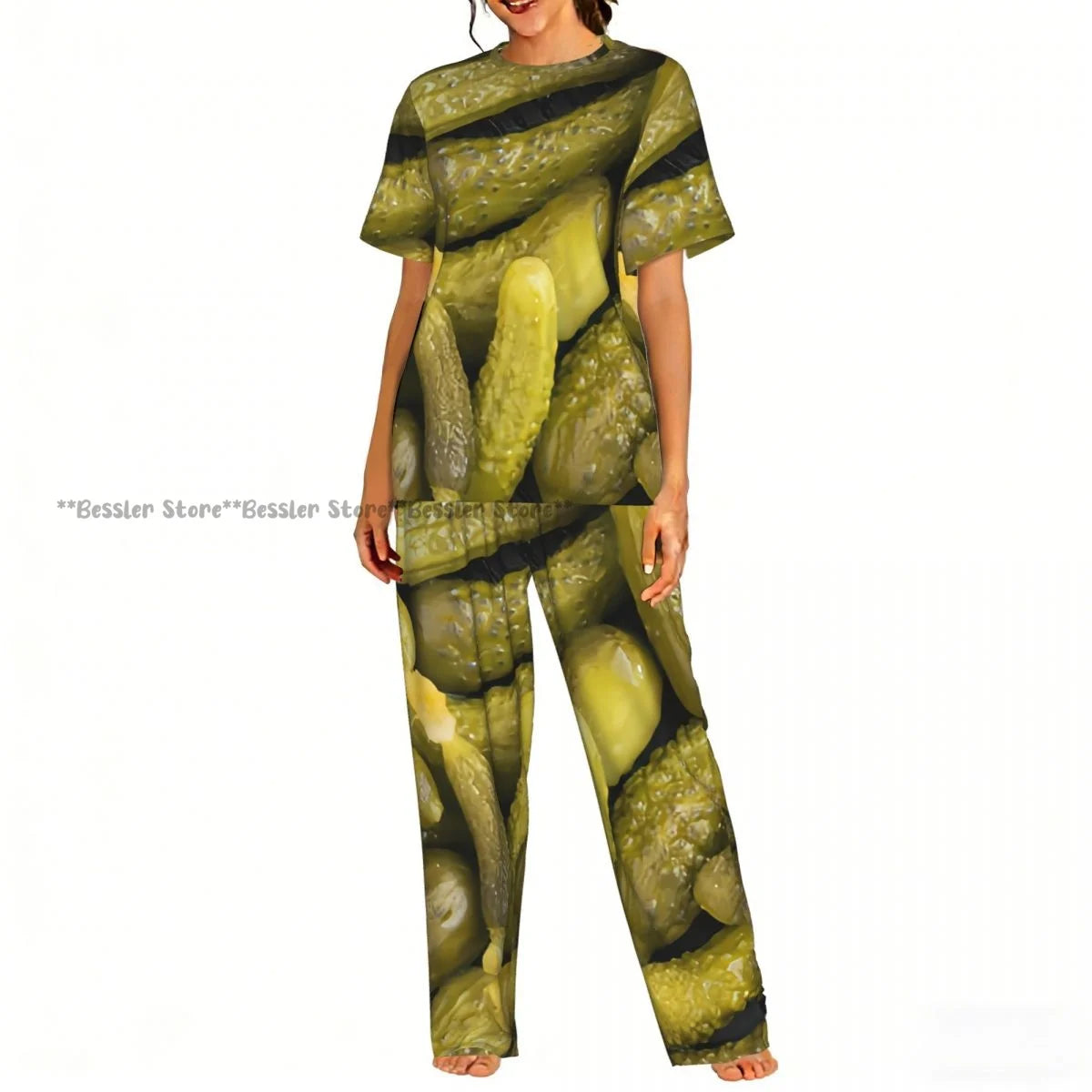 Women Pajama Sets Lounge Sleepwear Cucumbers Cut Print Short Sleeve Nightwear