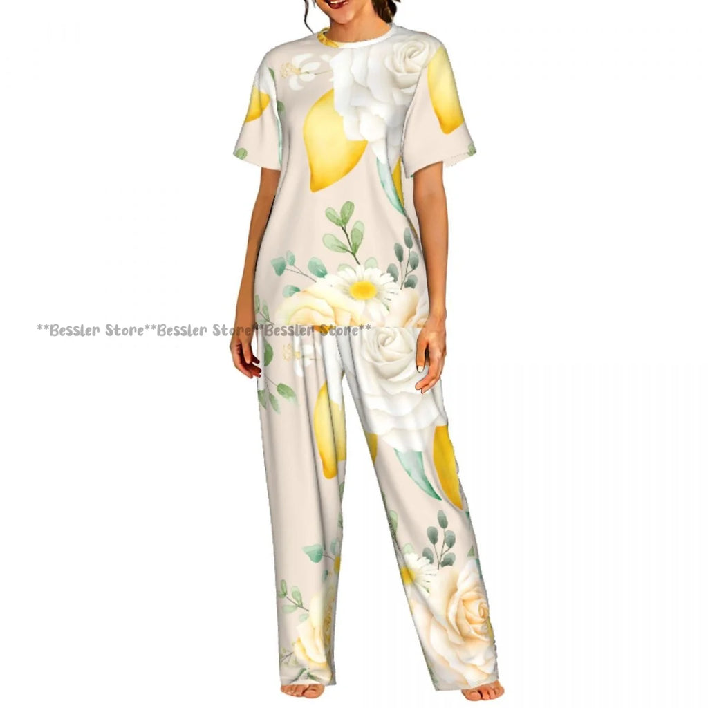 Women's Pajamas Set Blue Hydrangeas And Daisies Floral Butterflies Short Sleeve Sleepwear 2 Piece Homewear Loungewear