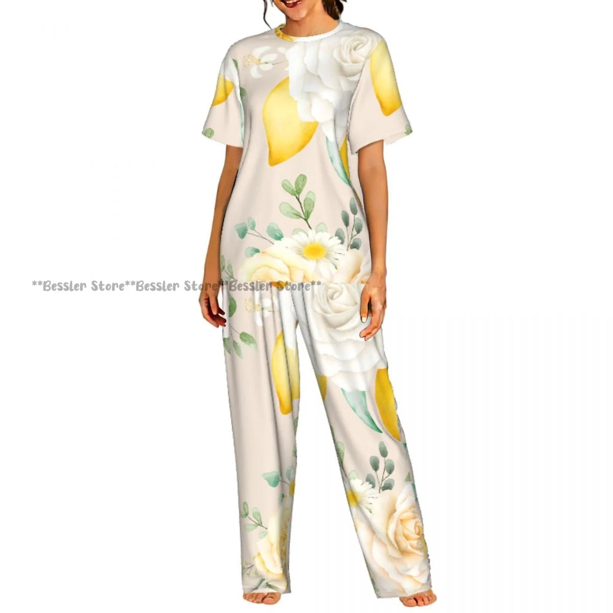 Women's Pajamas Set Blue Hydrangeas And Daisies Floral Butterflies Short Sleeve Sleepwear 2 Piece Homewear Loungewear