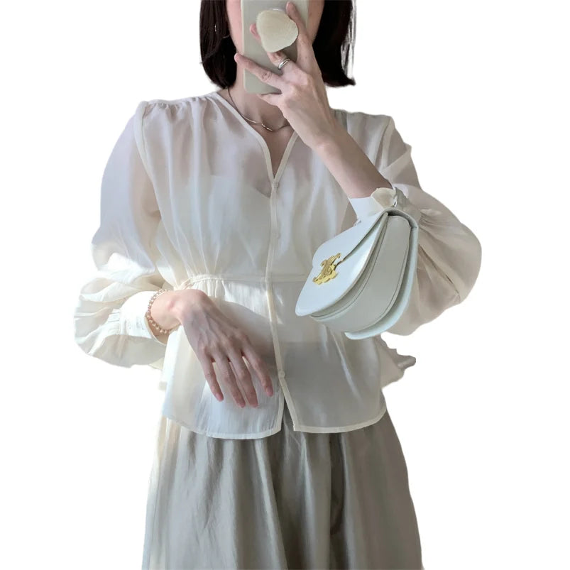 Summer Rayon New Female V-Neck Shirts Lantern Sleeves Loose Fit Versatile Office Lady Temperament Cozy Streetwear Coats Blouses