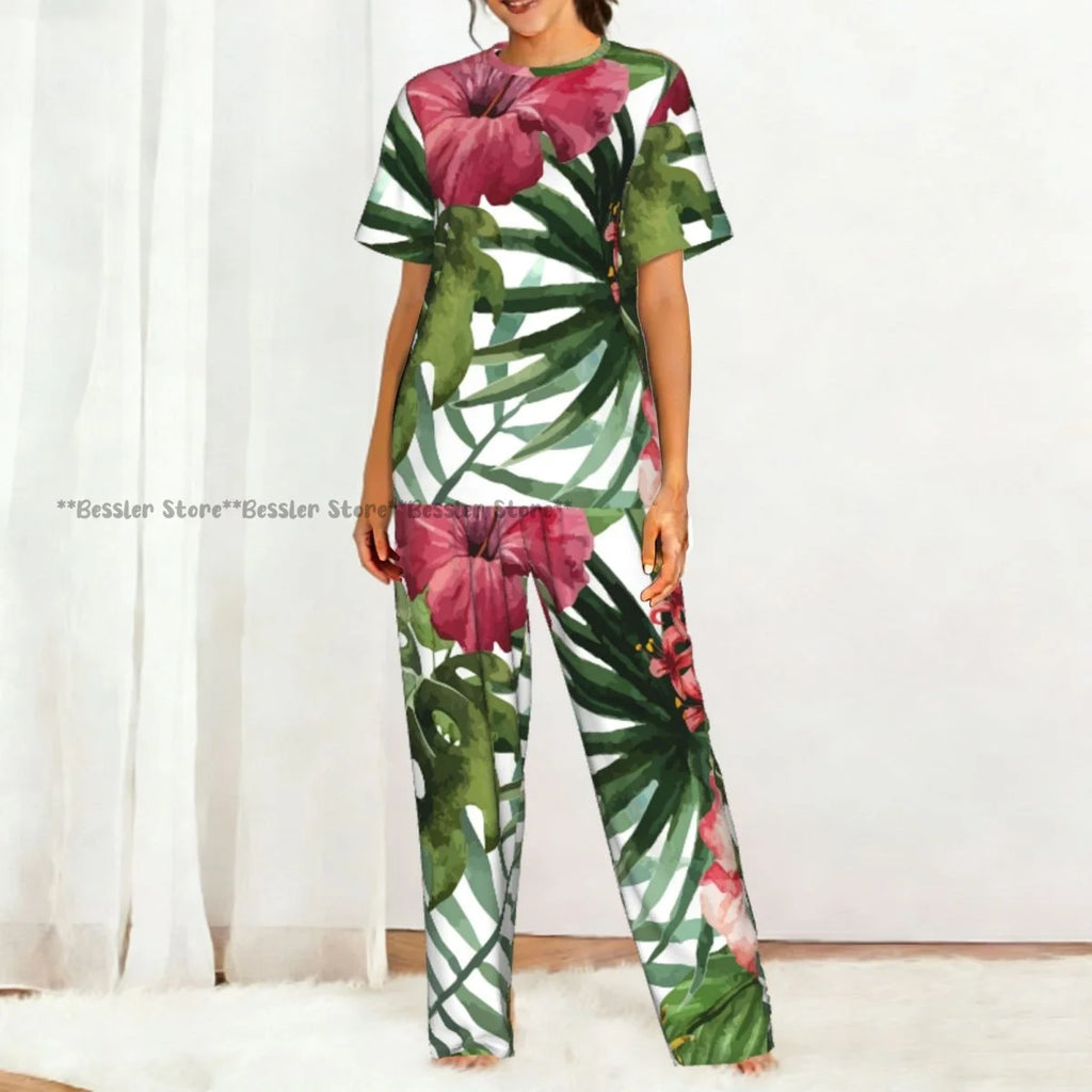 Women's Pajamas Set Tropical Flowers Short Sleeve Sleepwear 2 Piece Homewear Loungewear