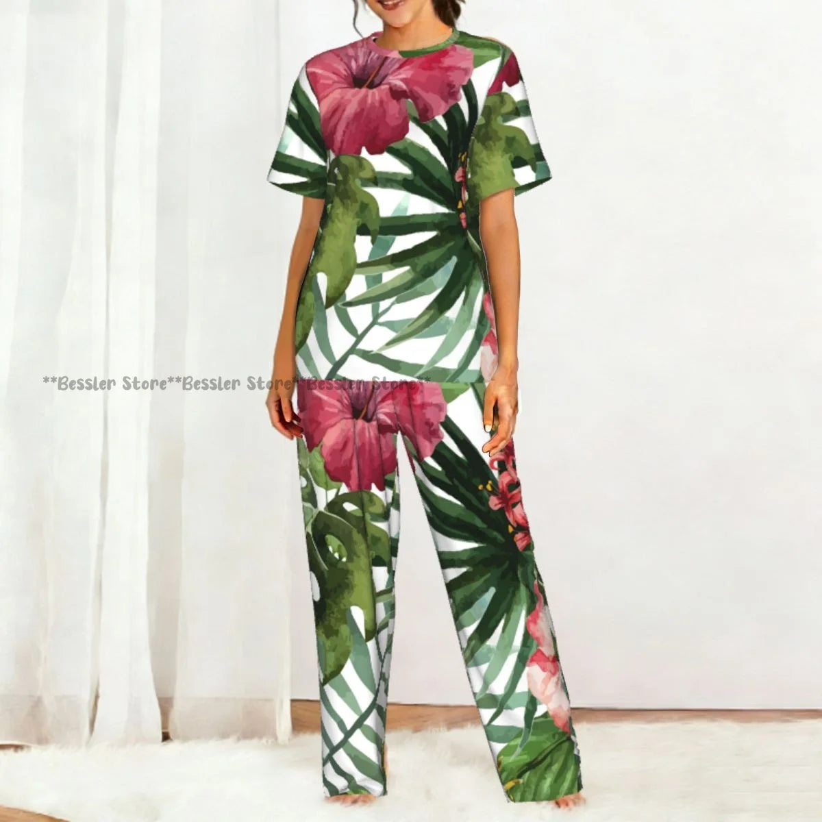 Women's Pajamas Set Tropical Flowers Short Sleeve Sleepwear 2 Piece Homewear Loungewear