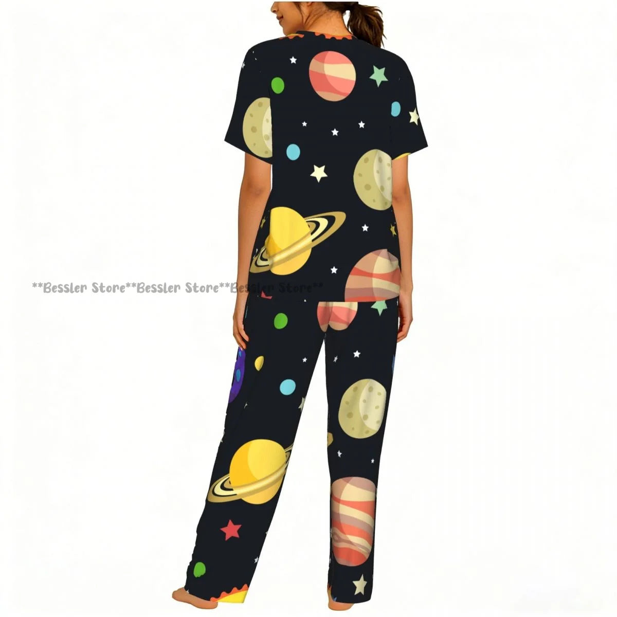 Women's Pajamas Set Space Planets Stars Comets Constellations Short Sleeve Sleepwear 2 Piece Homewear Loungewear