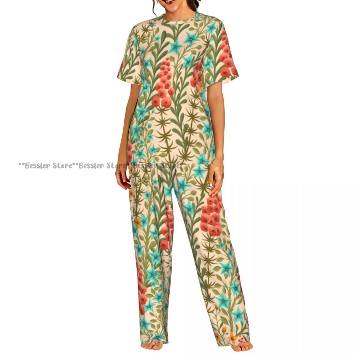 Women's Floral Flowers And Leaves short sleeve trousers casual pajamas set