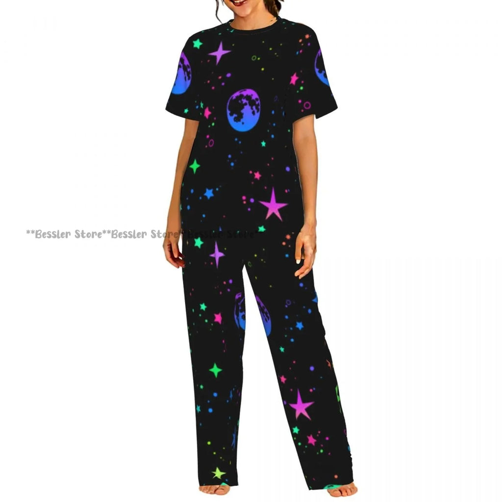 Women's Pajamas Set Space Planets Stars Comets Constellations Short Sleeve Sleepwear 2 Piece Homewear Loungewear