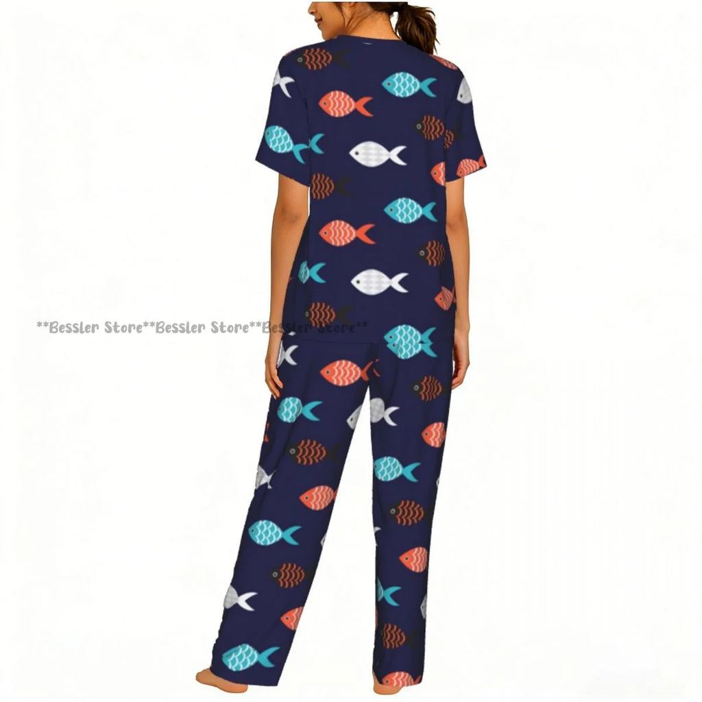 Women's Colorful Fish Pattern short sleeve trousers casual pajamas set