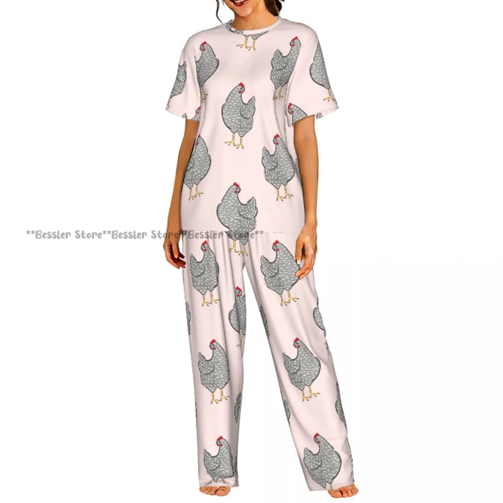 Women's Comfort Pajamas Women's Hand Drawn Rooster Hens And Chickens Short Sleeve Set Sleepwear