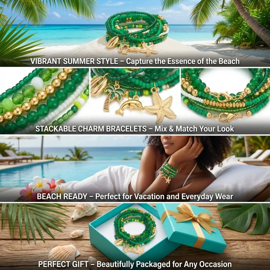 Multilayer Starfish Dolphin Shell Coconut Tree Bracelets For Women Men Imitation Pearl Flower Fish Tail Stackable Bangle Jewelry