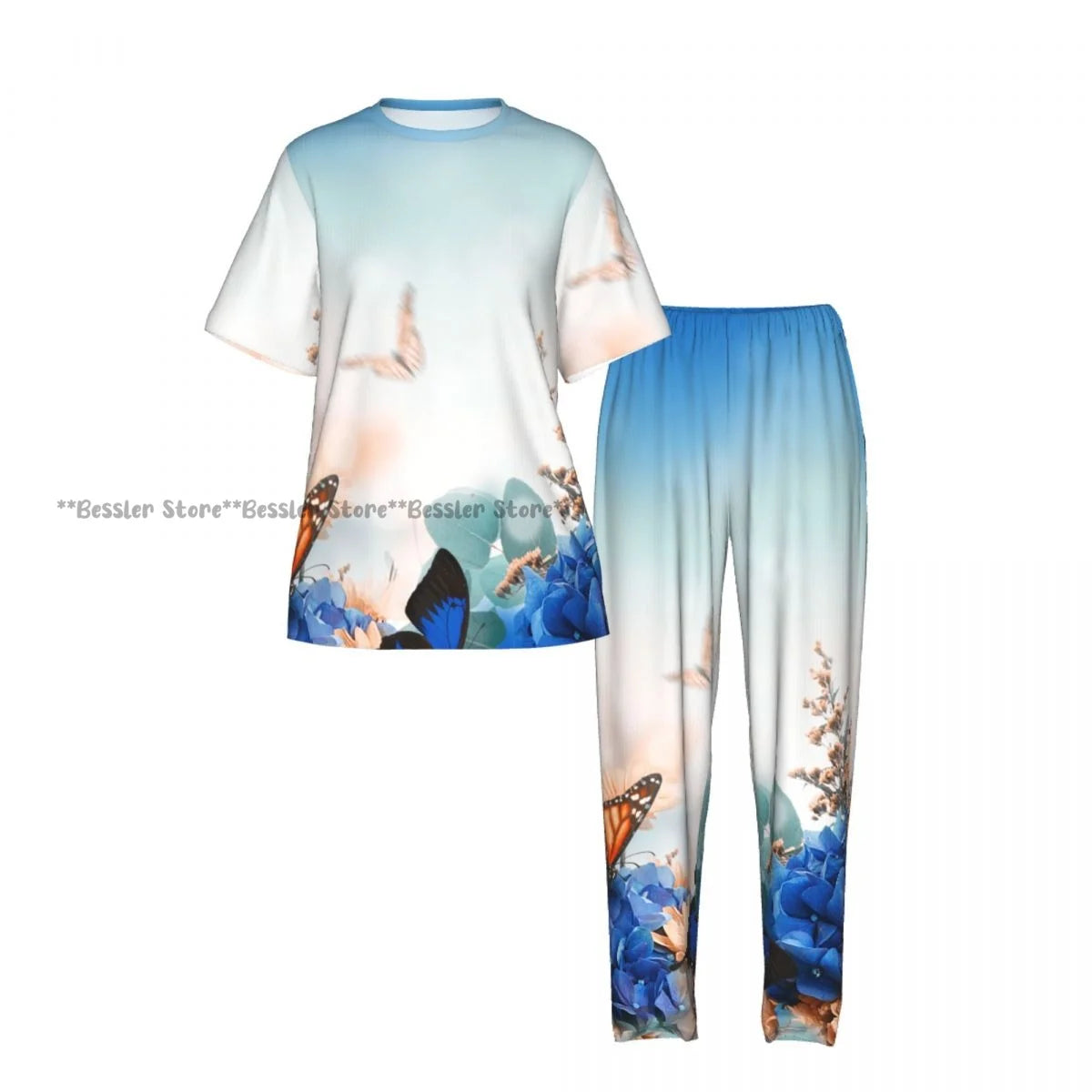 Women's Pajamas Set Blue Hydrangeas And Daisies Floral Butterflies Short Sleeve Sleepwear 2 Piece Homewear Loungewear