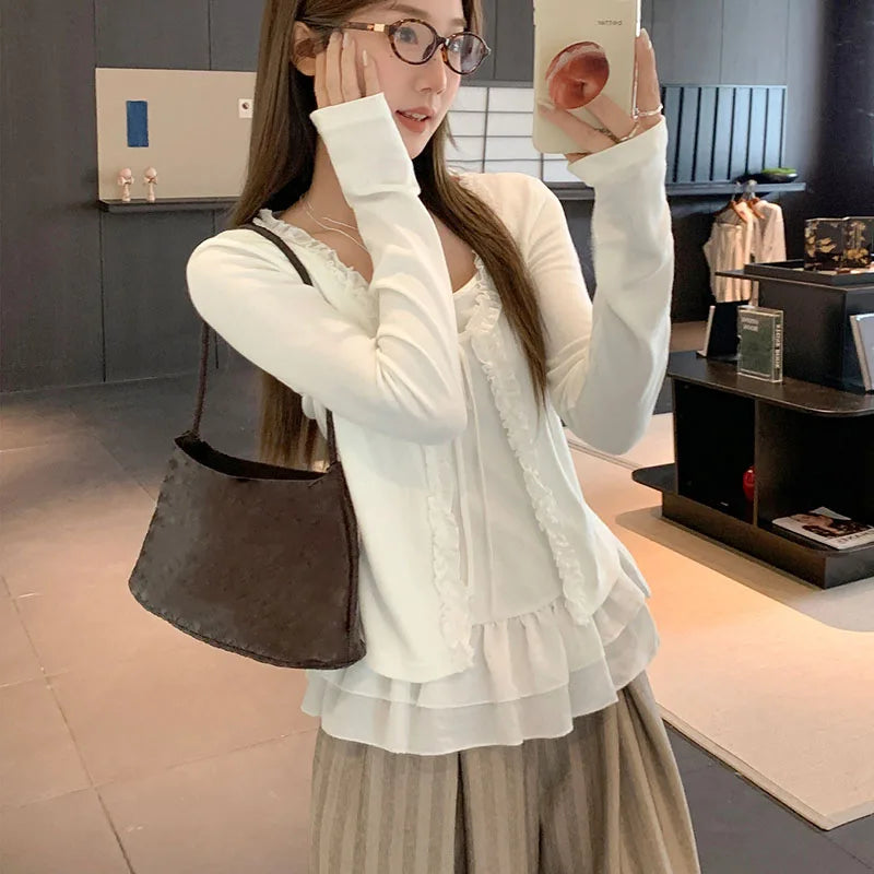 Women Long Sleeved T-shirt Fake Two Piece Lace Splicing Skirt Edge Design Slim Solid Color Simple Daily Casual Versatile Top
