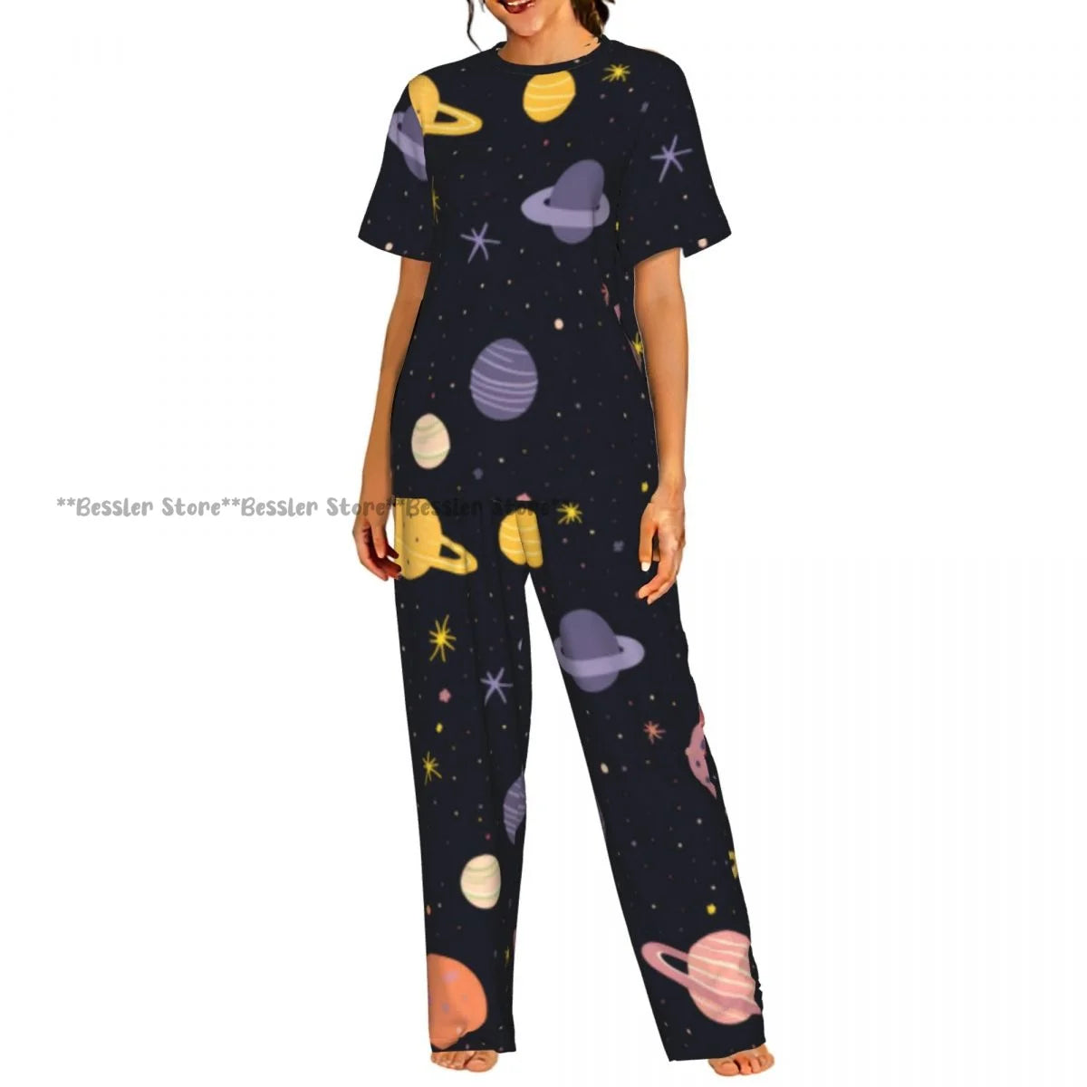 Women's Pajamas Set Space Planets Stars Comets Constellations Short Sleeve Sleepwear 2 Piece Homewear Loungewear
