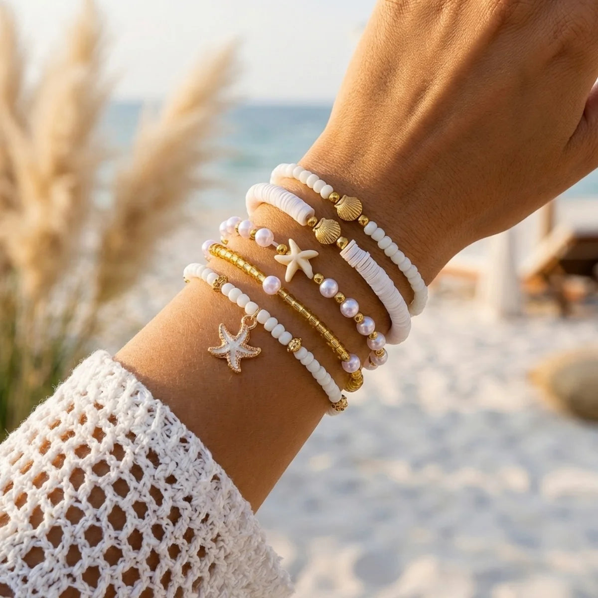 Multilayer Starfish Dolphin Shell Coconut Tree Bracelets For Women Men Imitation Pearl Flower Fish Tail Stackable Bangle Jewelry