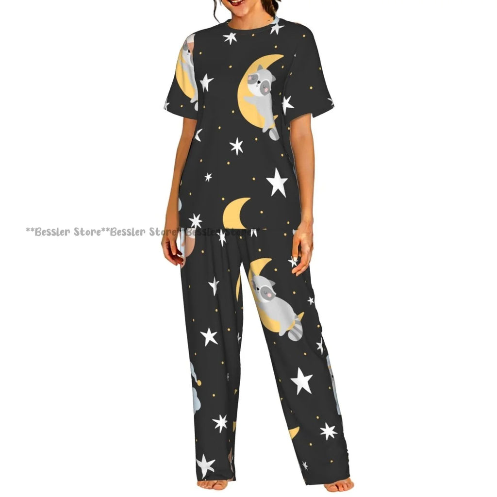 Women's 2-piece set Gold Stars And Planets Pajamas Short sleeved Top and Pants Sleepwear