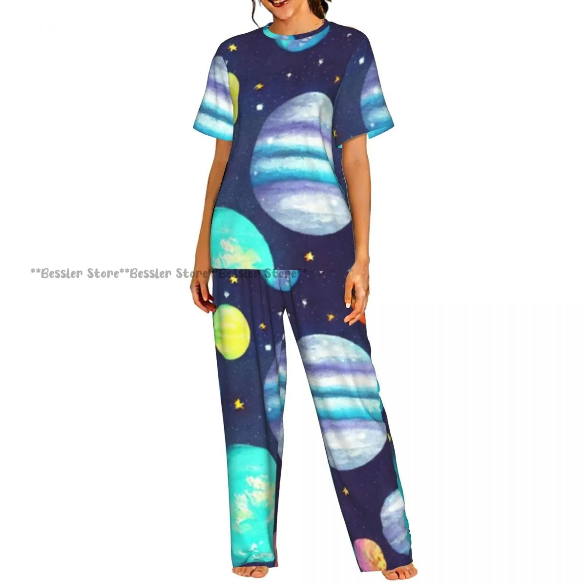 Women's 2-piece set Gold Stars And Planets Pajamas Short sleeved Top and Pants Sleepwear
