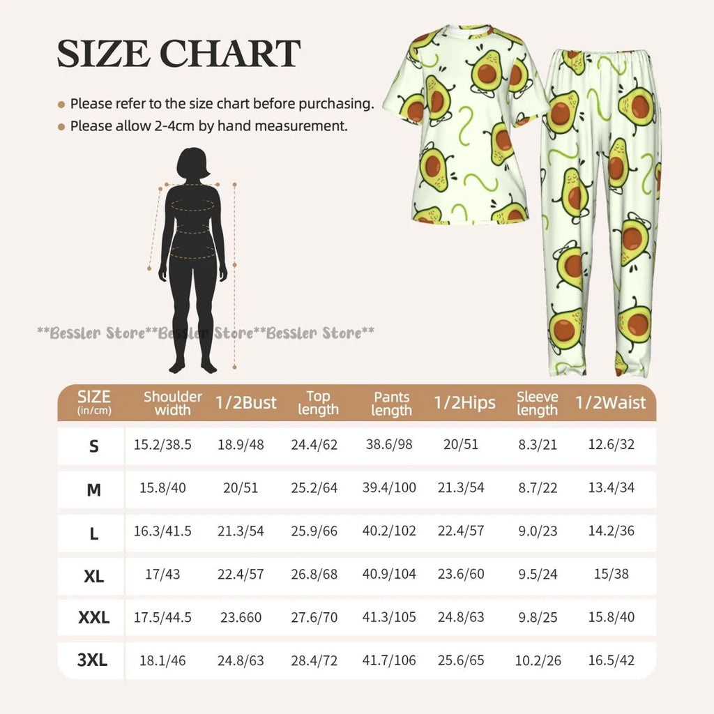 Women Pajama Sets Lounge Sleepwear Avocado Character Short Sleeve Nightwear