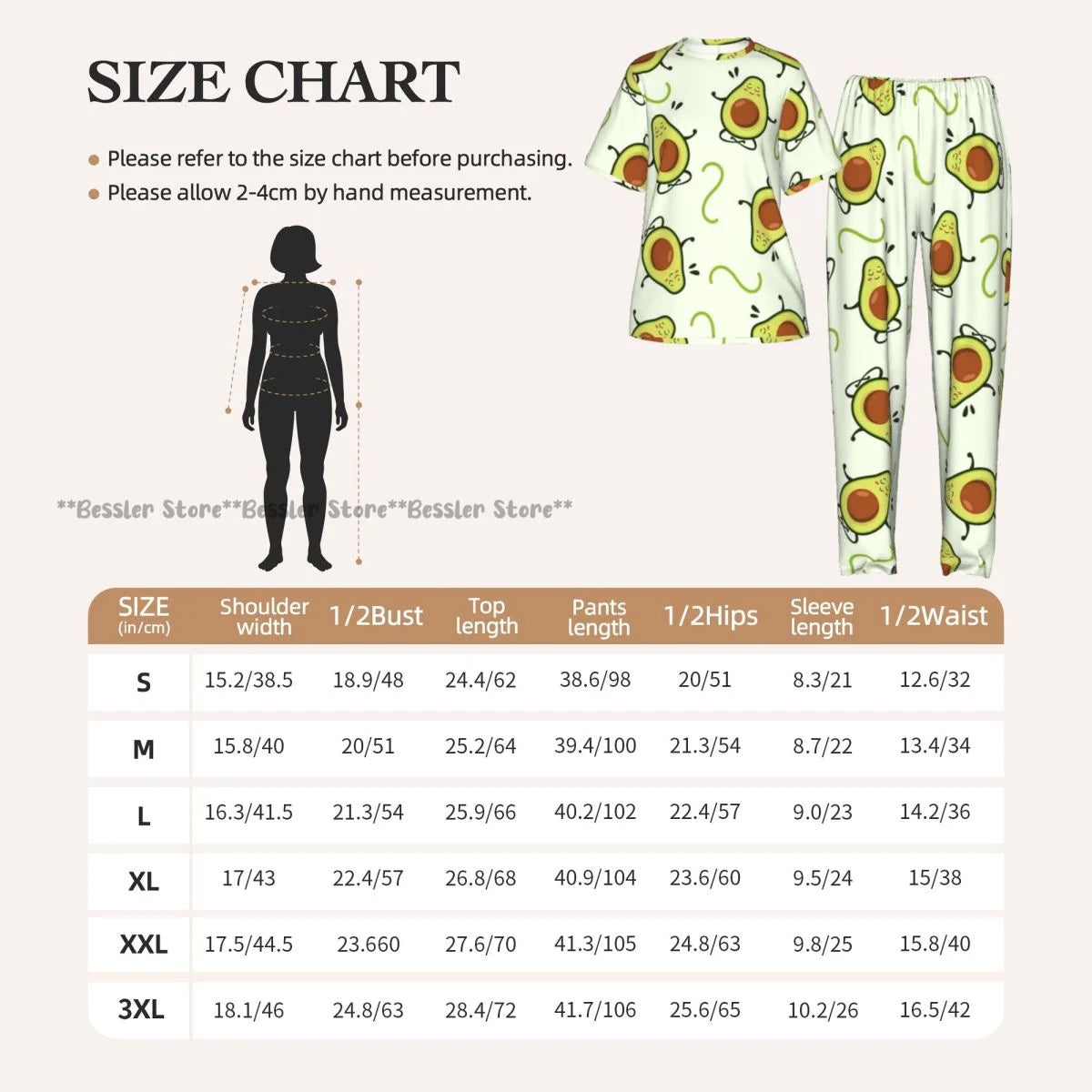 Women Pajama Sets Lounge Sleepwear Avocado Character Short Sleeve Nightwear