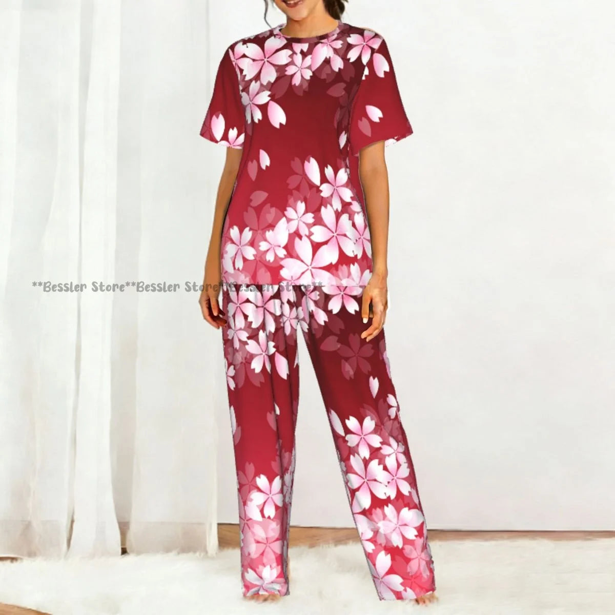 Women's 2-piece set Cherry Spring Flower Pajamas Short sleeved Top and Pants Sleepwear
