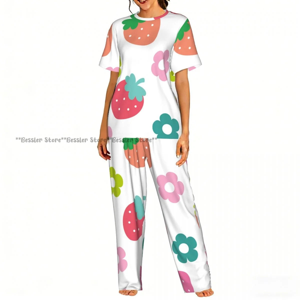 Women's Pajamas Set Strawberry Illustration Short Sleeve Sleepwear 2 Piece Homewear Loungewear