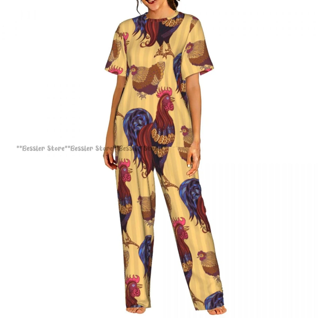 Women's Comfort Pajamas Women's Hand Drawn Rooster Hens And Chickens Short Sleeve Set Sleepwear