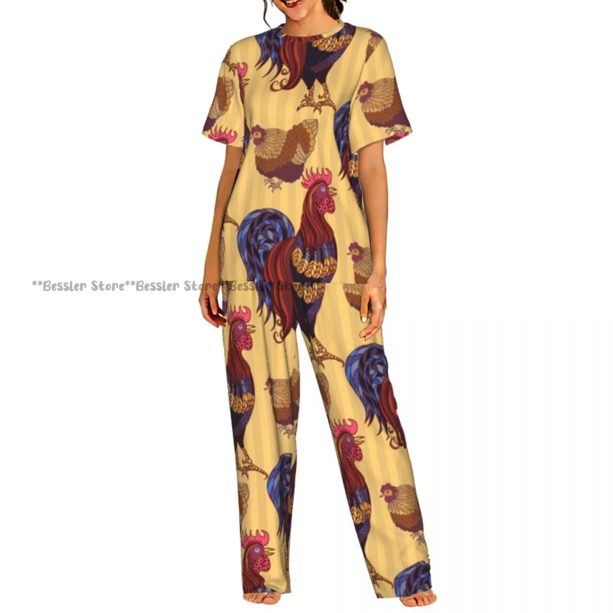 Women's Comfort Pajamas Women's Hand Drawn Rooster Hens And Chickens Short Sleeve Set Sleepwear