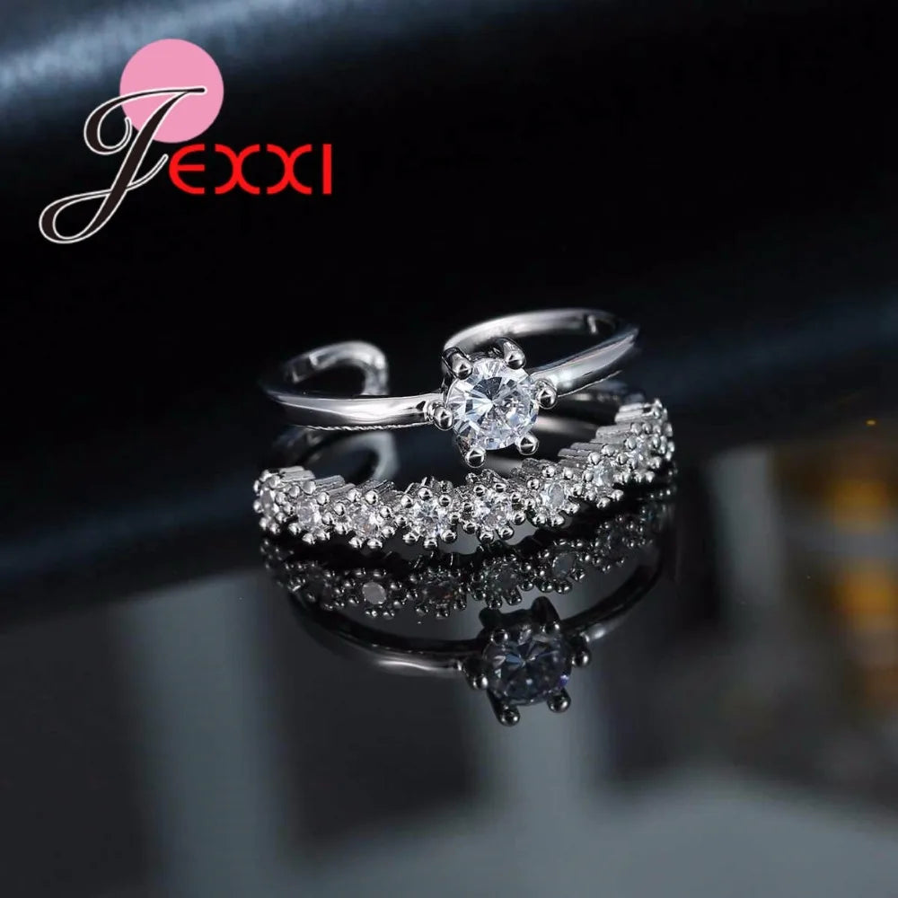 Shiny 925 Sterling Silver Six Claws Double Layer Cubic Zircon Open Adjustable Rings For Women Wedding Party Fashion Jewelry Gift