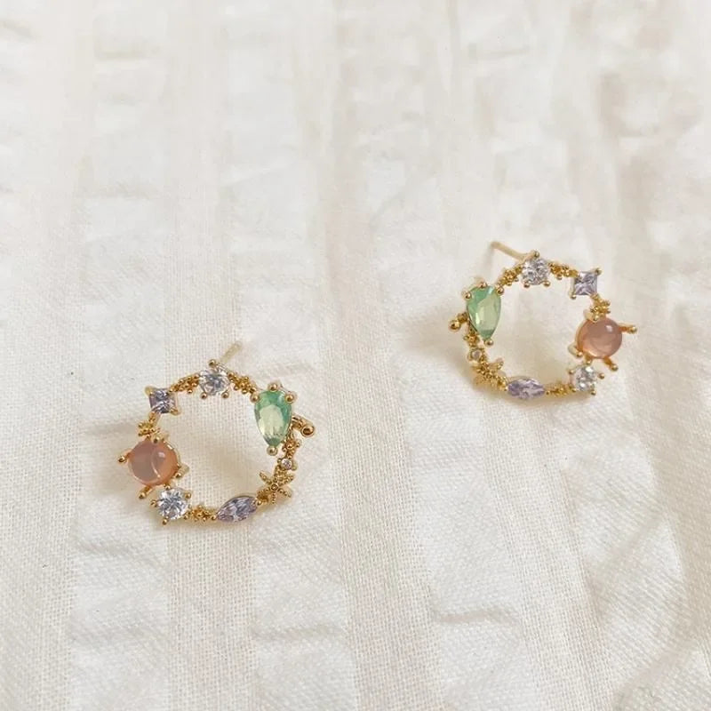 Simple  Flower Stud Earrings for Women Girl Round Garland Colored Crystal Earrings Party Jewelry Gift   aretes de mujer