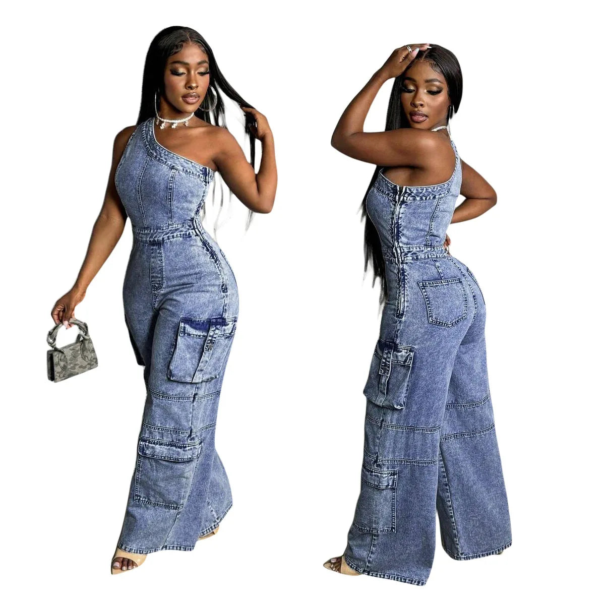 New Women Cargo Jean One Shoulder High Waist Wide Leg Pants Loose Safari Style Spliced Washed Distressed Pockets Jumpsuits