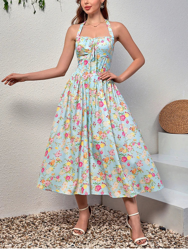 NewAsia Women's Halter Backless Print Floral Midi Corset Dress Spaghetti Straps Tie Up Fashion Casual Holiday Long Dresses Pink