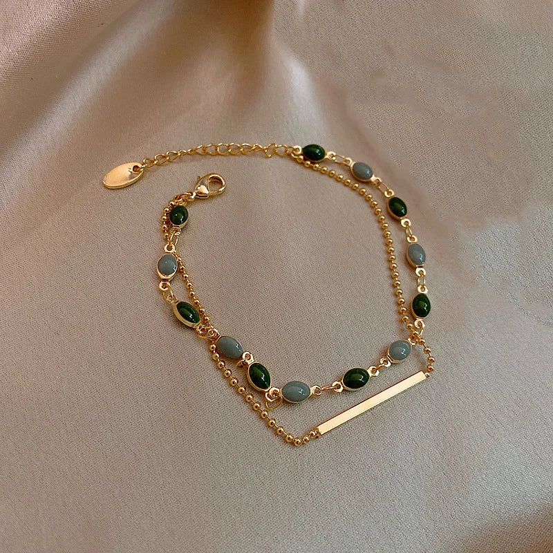 Beaded Chain Double Layered Adjustable Bracelet Vintage Blue Green Color Crystal Charm Baguette Bracelets for Women Jewelry
