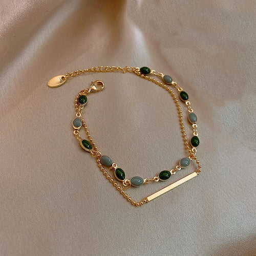 Beaded Chain Double Layered Adjustable Bracelet Vintage Blue Green Color Crystal Charm Baguette Bracelets for Women Jewelry
