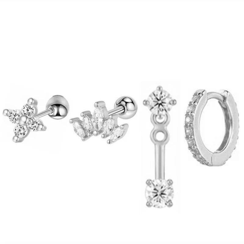 4PCS Stainless Steel Circle Huggie Hoop Earrings Set for Women Gold Color Unique Zircon Flower Stud Earring Piercing Jewelry