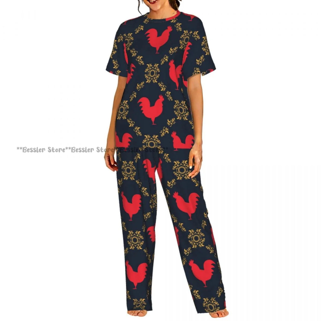 Women's Comfort Pajamas Women's Hand Drawn Rooster Hens And Chickens Short Sleeve Set Sleepwear