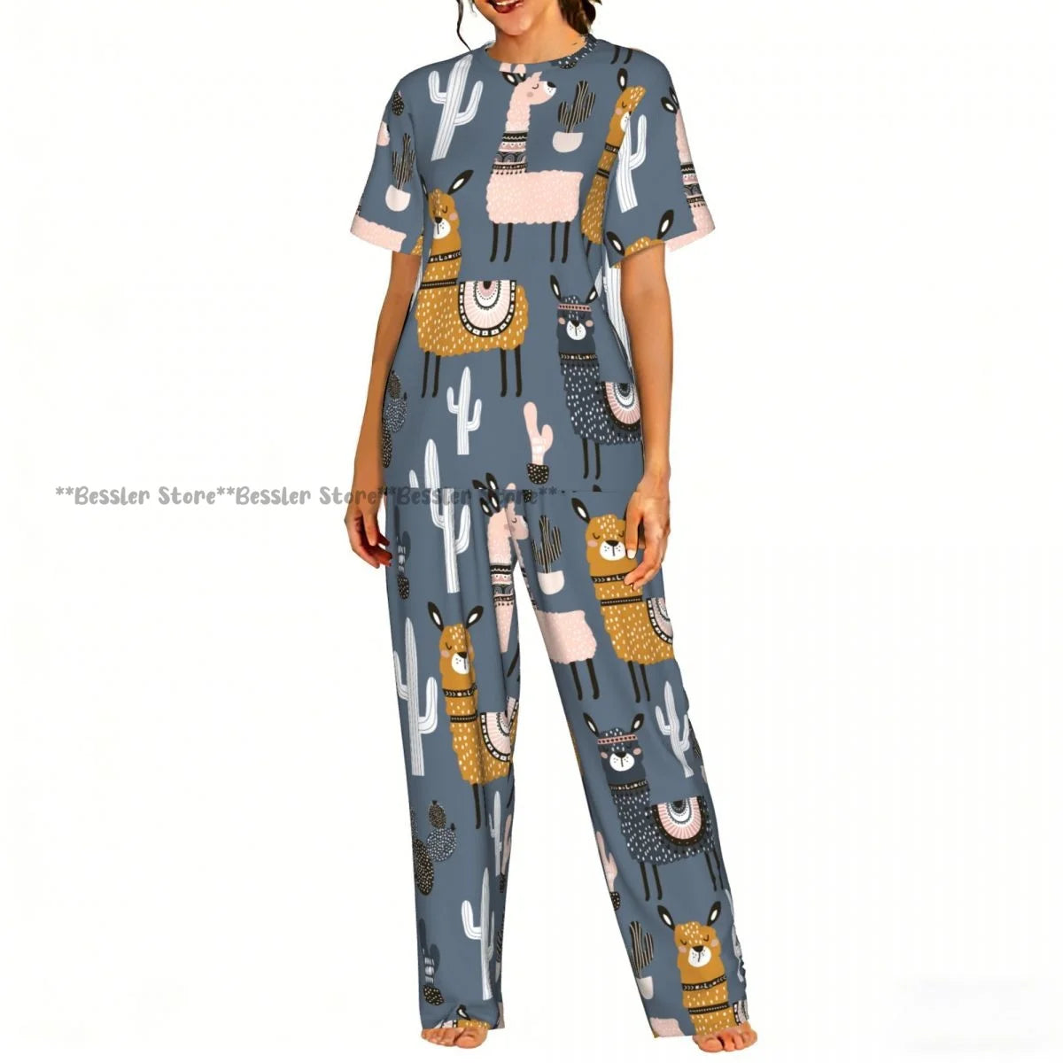 Women's 2-piece set You Are Llamazing Llama Pattern With Hearts Pajamas Short sleeved Top and Pants Sleepwear