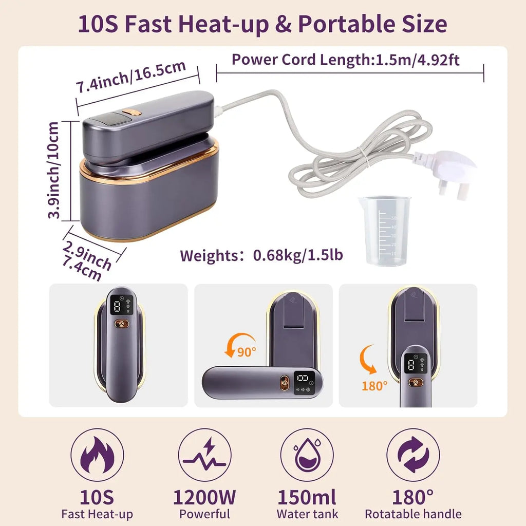 Handheld Garment Steamer for Travel –1200W Portable Steam Iron with 180° Rotating Handle, 3 Modes, 150ml Water Tank Fast Heating