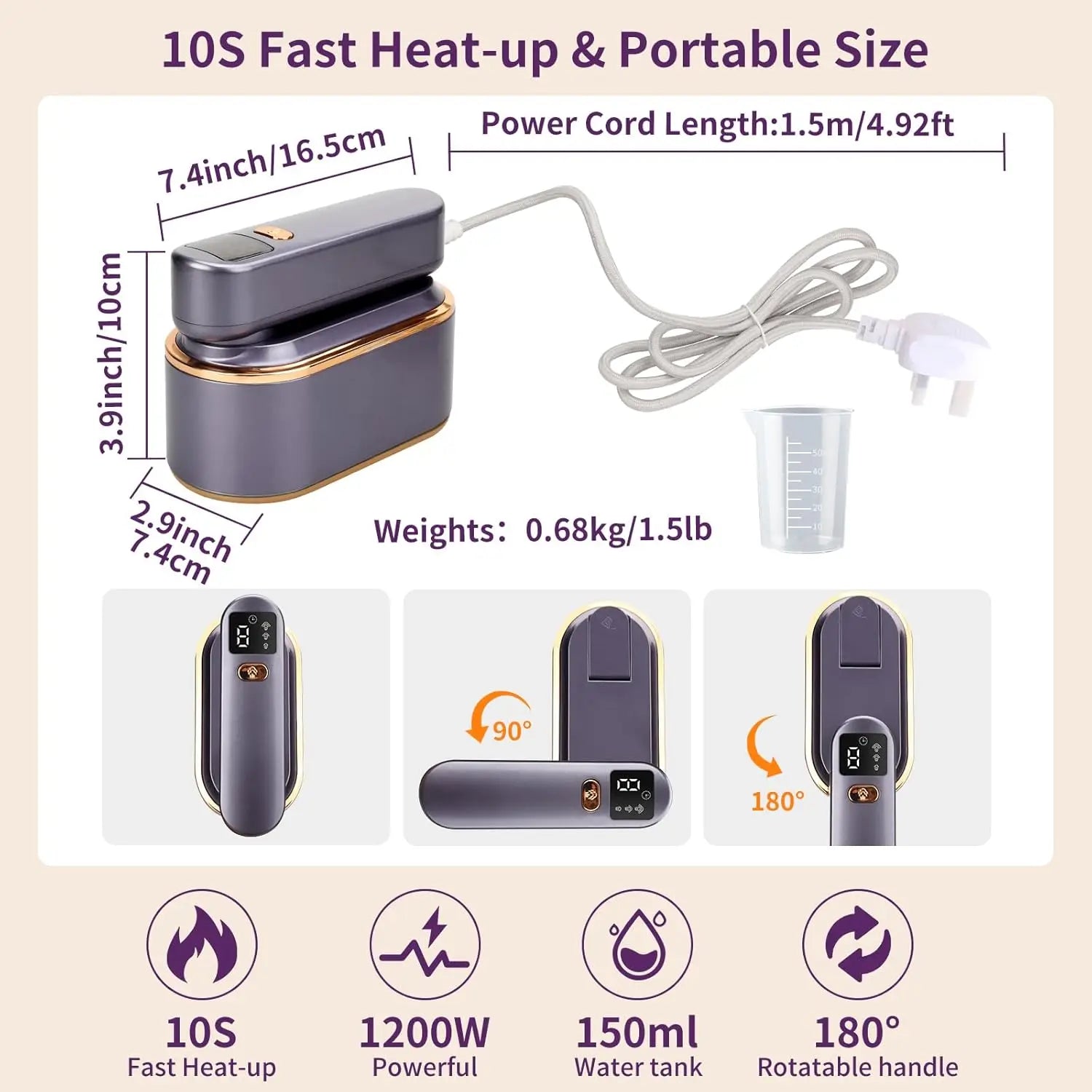 Handheld Garment Steamer for Travel –1200W Portable Steam Iron with 180° Rotating Handle, 3 Modes, 150ml Water Tank Fast Heating