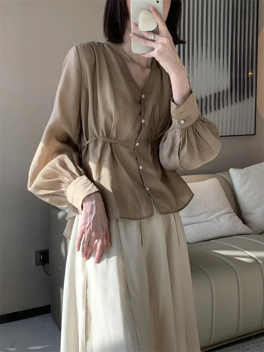 Summer Rayon New Female V-Neck Shirts Lantern Sleeves Loose Fit Versatile Office Lady Temperament Cozy Streetwear Coats Blouses