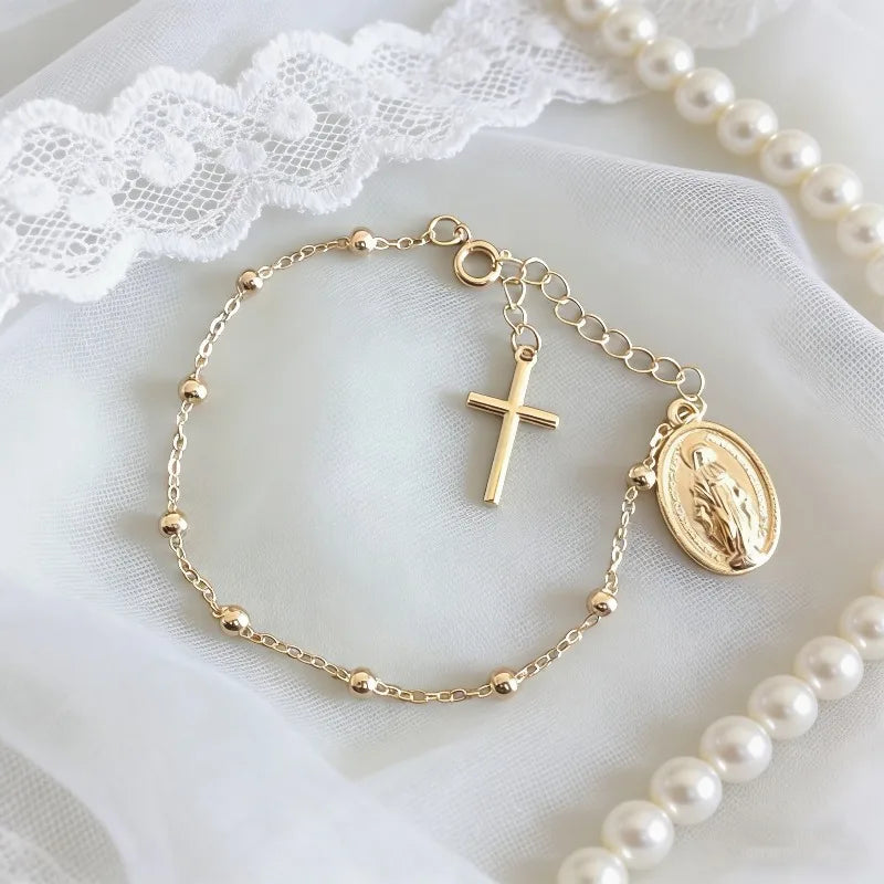 Adjustable Beaded Bracelet Virgin Mary Cross European Style Minimalist Charm Jewelry Women