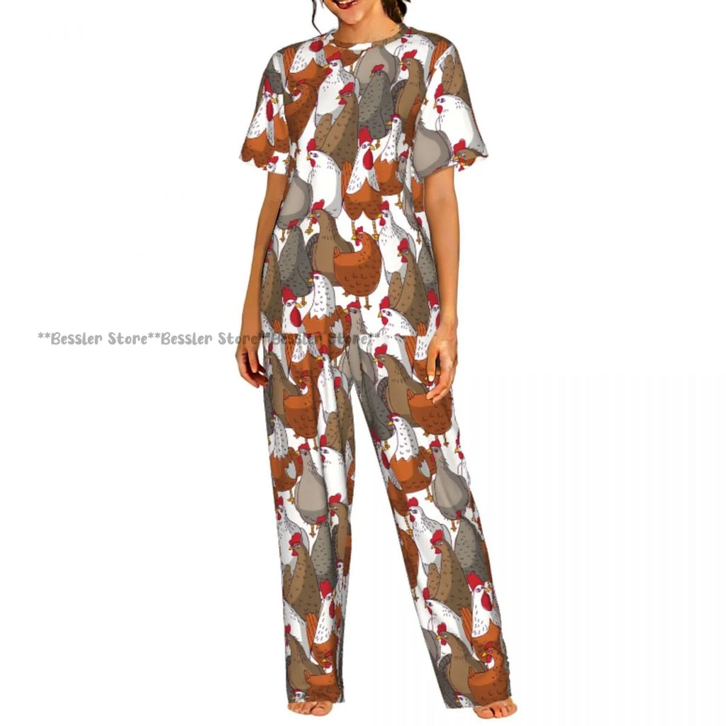 Women's Comfort Pajamas Women's Rooster Hens And Chickens Background Short Sleeve Set Sleepwear