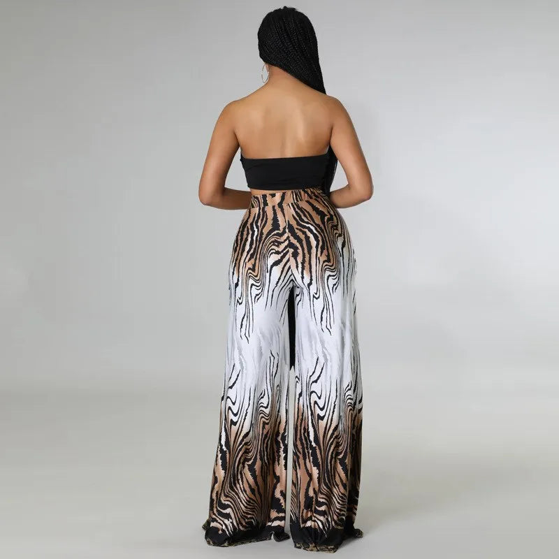 S5XL Large Size Chest Printed Wide Leg Pants Two-Piece Set Women's Fashionable Polyester Suit Summer  Student Uniform