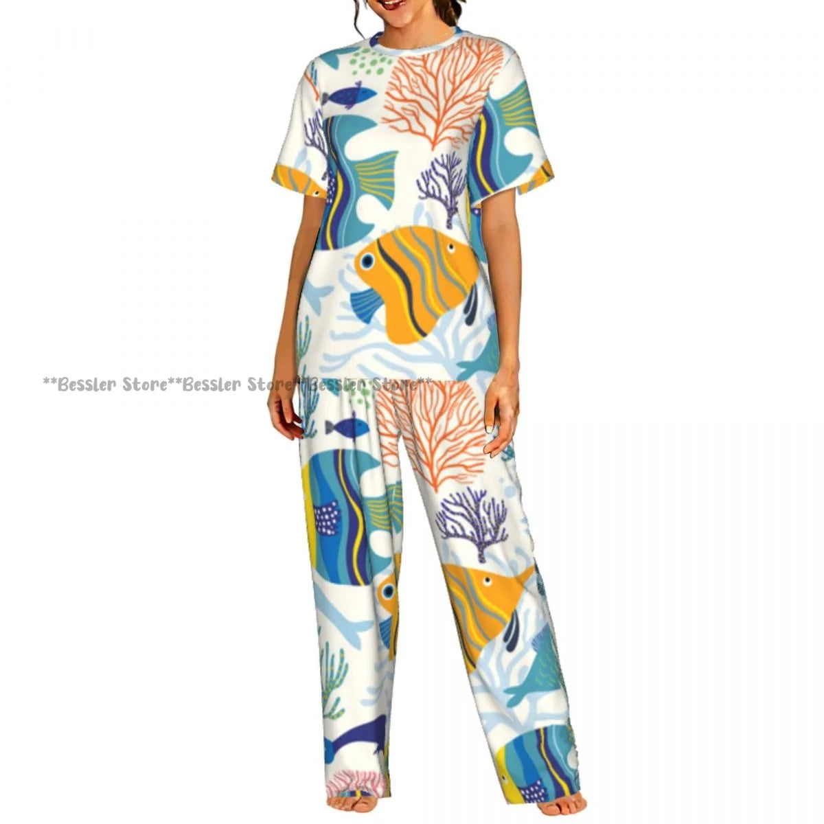 Women's Colorful Fish Pattern short sleeve trousers casual pajamas set
