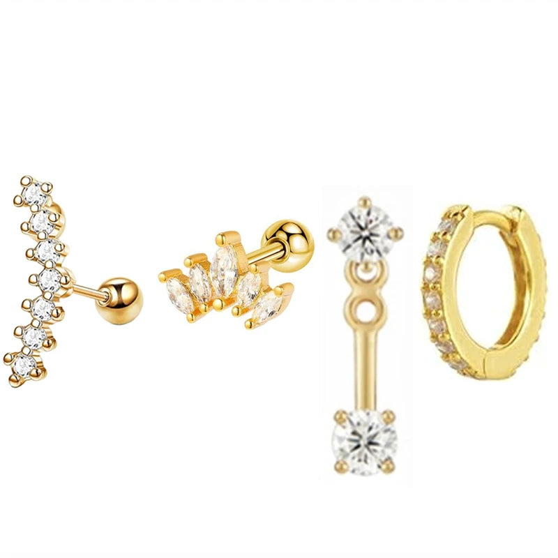 4PCS Stainless Steel Circle Huggie Hoop Earrings Set for Women Gold Color Unique Zircon Flower Stud Earring Piercing Jewelry