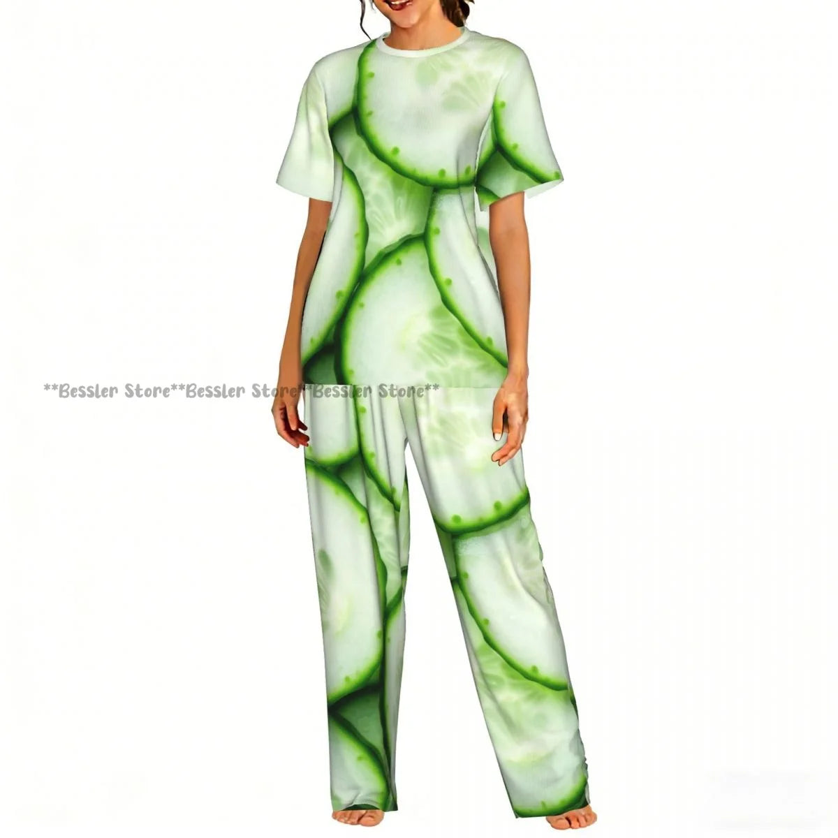 Women Pajama Sets Lounge Sleepwear Cucumbers Cut Print Short Sleeve Nightwear