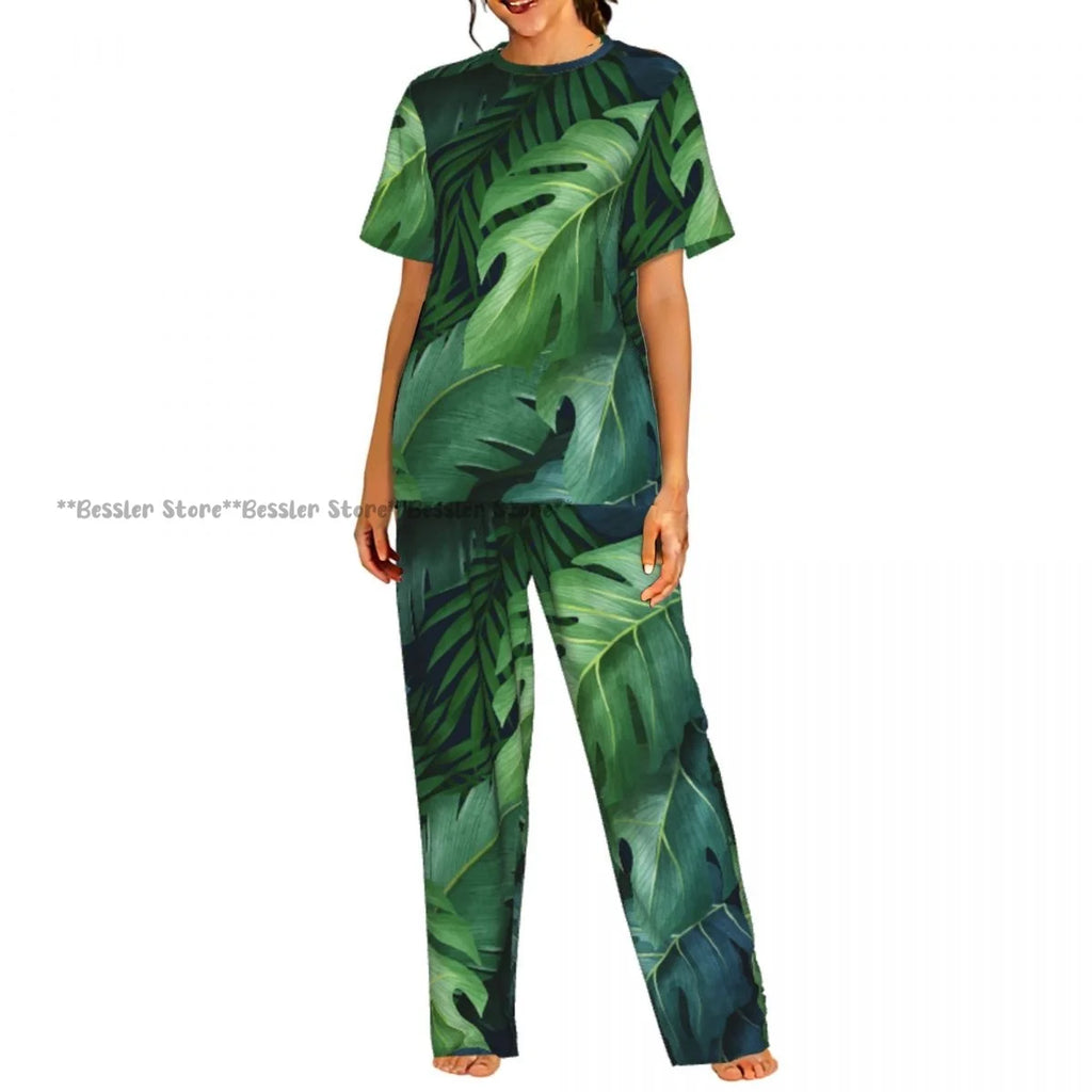 Women's Pajamas Set Tropical Flowers Short Sleeve Sleepwear 2 Piece Homewear Loungewear