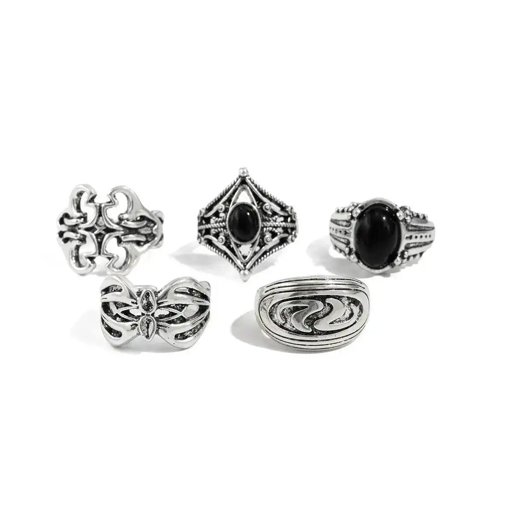 IngeSight.Z 5Pcs/set Punk Hollowout Chunky Open Ring Men Gothic Irregular Geometry Finger Rings Jewelry Halloween Party Gift