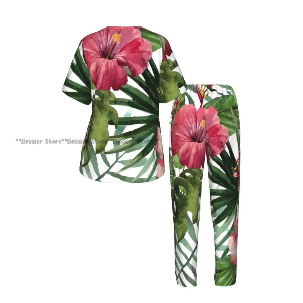 Women's Pajamas Set Tropical Flowers Short Sleeve Sleepwear 2 Piece Homewear Loungewear