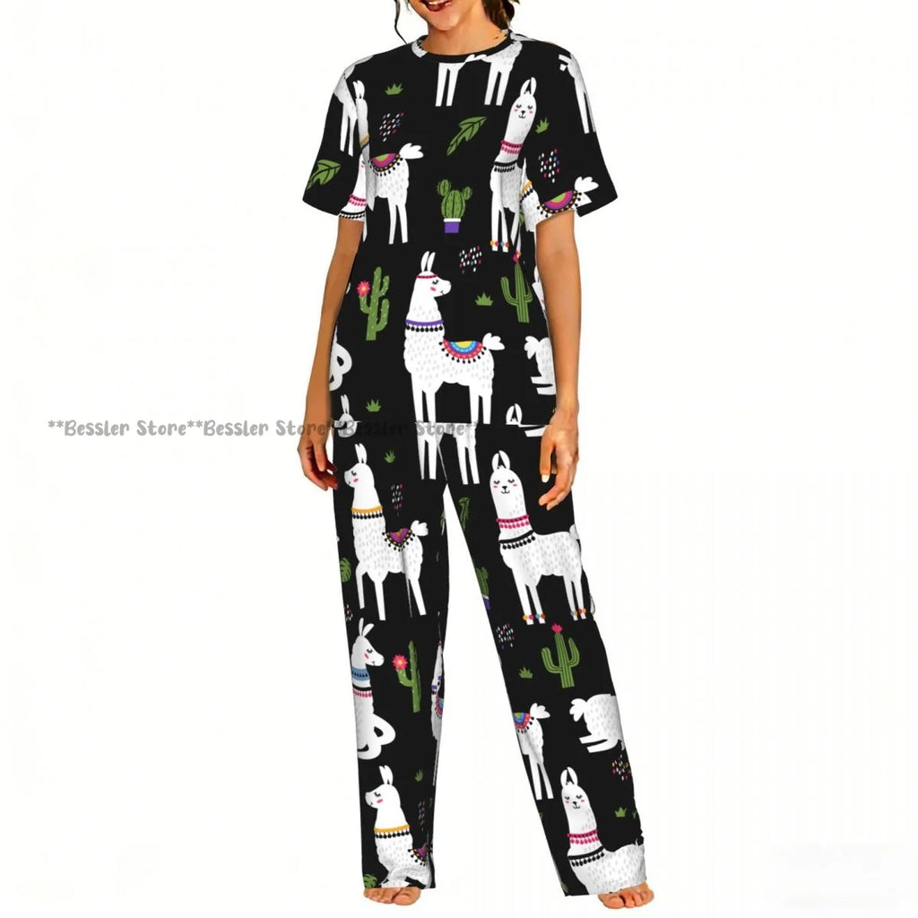 Women's 2-piece set You Are Llamazing Llama Pattern With Hearts Pajamas Short sleeved Top and Pants Sleepwear