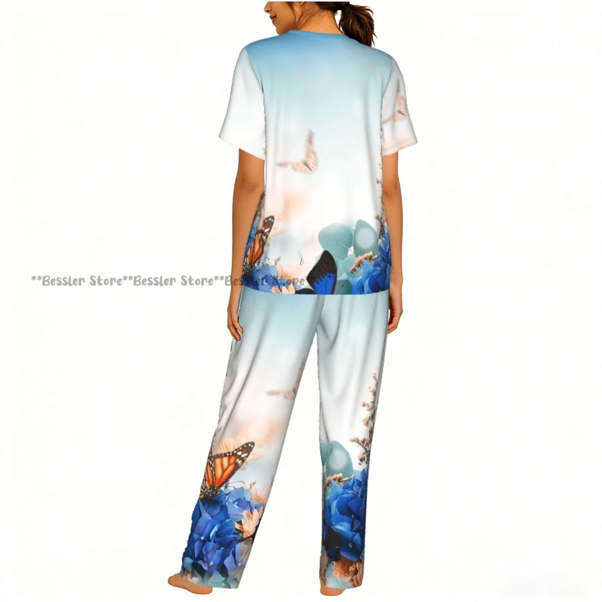 Women's Pajamas Set Blue Hydrangeas And Daisies Floral Butterflies Short Sleeve Sleepwear 2 Piece Homewear Loungewear